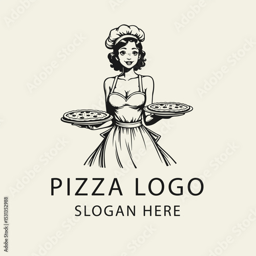 Black and white flat vector illustration of a sexy female pizzaiolo with deep neckline holding a pizza. Vintage style logo or print design. No background.

