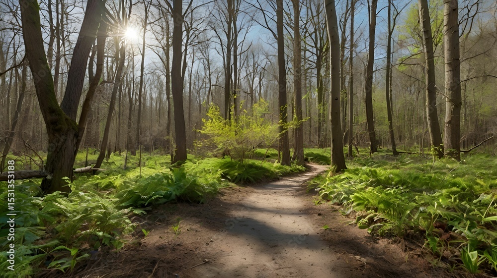Fototapeta premium A remote forest trail during early spring, with fresh greenery, birds in the sky, and a gentle breeze stirring the leaves