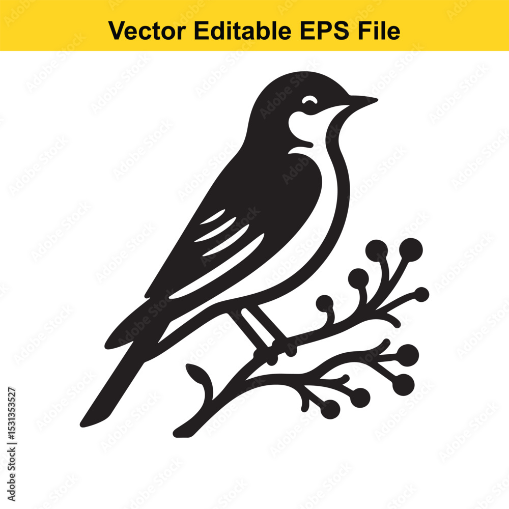 Obraz premium A black and white vector illustration of a bird perched on a branch with berries