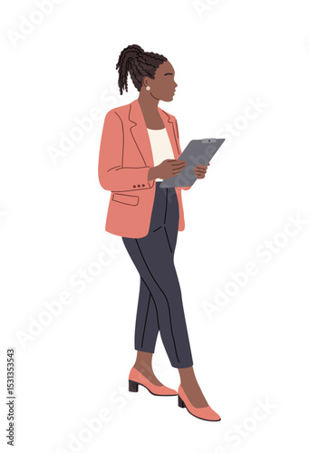 Professional vector illustration of a confident businesswoman holding a clipboard, dressed in a coral blazer and heels. Ideal for office, corporate, or leadership concepts.