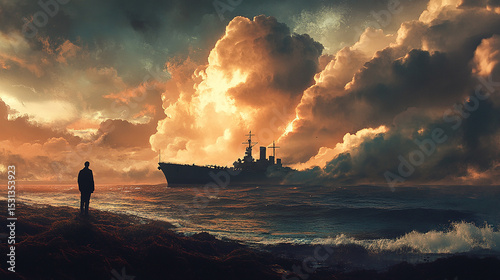 Solitary Mariner and the Sea: A lone figure stands at the shore's edge, gazing upon a vast ocean and an imposing warship, the sky ablaze with dramatic clouds and the promise of adventure.