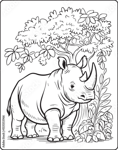 Cute cartoon rhino in jungle natural scene vector line art illustration for children coloring page design