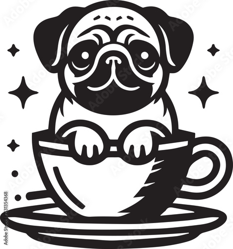 Adorable Pug Puppy nestled inside a Teacup charming vector graphic design perfect for mugs stickers and pet lovers