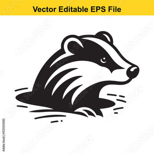 A badger peeking out of its burrow, black and white vector illustration