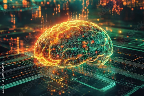Digital representation of a brain over a circuit board.