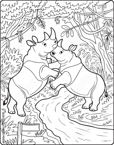 Two rhino fighting in jungle natural scene vector line art illustration for children coloring page design