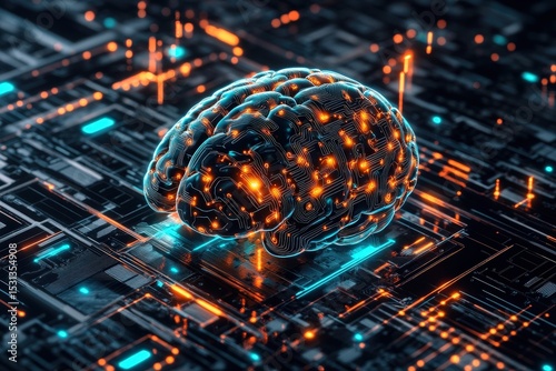 Digital brain resting on a circuit board.