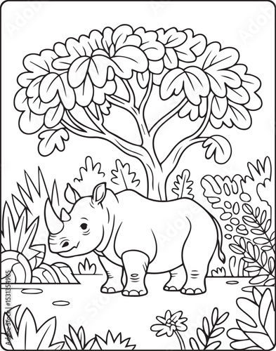 Cute cartoon rhino in jungle natural scene vector line art illustration for children coloring page design
