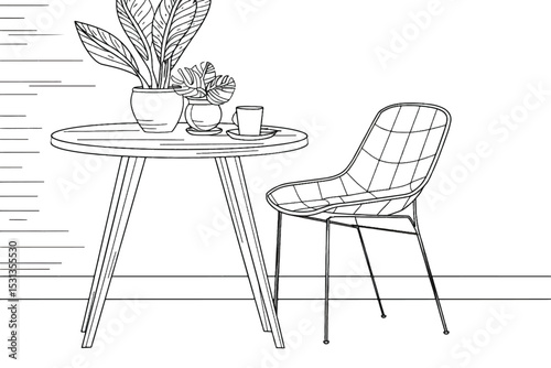 Coffee table with an armchair. Flower book and cup on the table. Coloring book, vector black and white image.