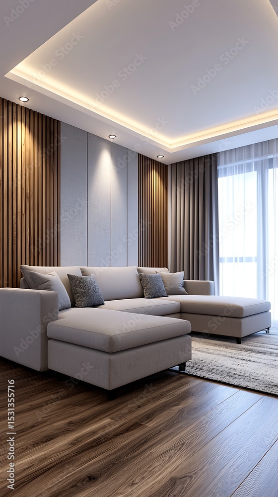Fototapeta premium Modern Interior Living Room Design with Stylish Sectional Sofa, Wooden Accent Wall, and Natural Light from Sheer Curtains.