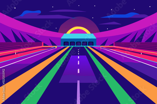 Neon road leading to futuristic building at night