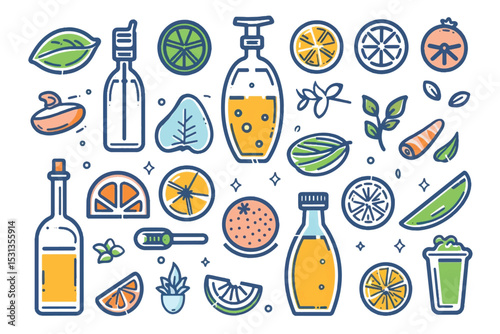 Healthy smoothie drink, juice in jar icons set 