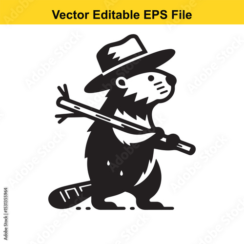 A cartoon beaver wearing a hat and carrying a stick, ready for adventure
