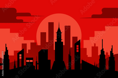 Red cityscape silhouette at sunset