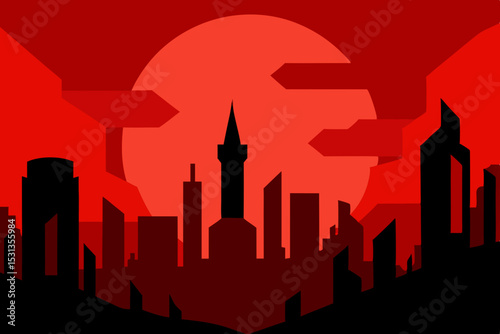 Red cityscape silhouette at sunset