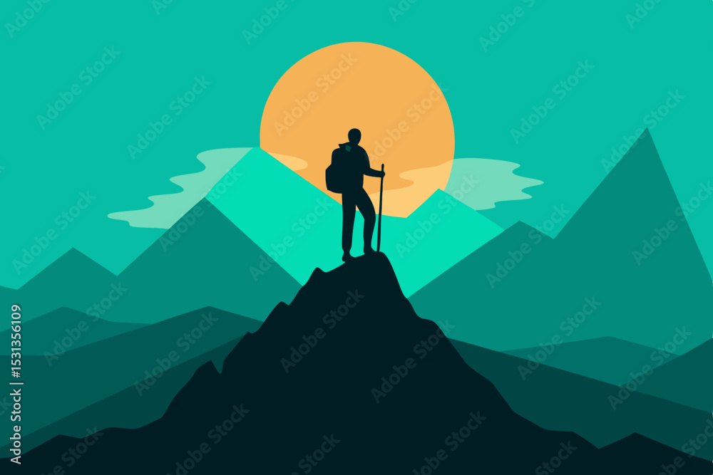 Obraz premium Silhouette of hiker on mountain peak at sunset