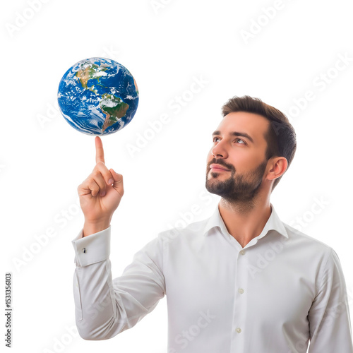 Man Balancing Tiny Earth Globe on Finger Isolated on Transparent Background