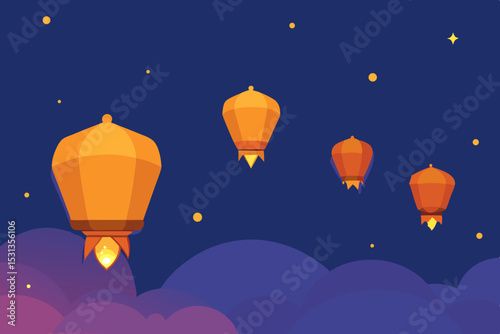 Floating sky lanterns at night