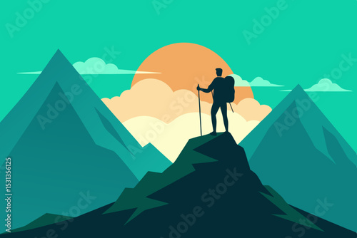 Hiker silhouette on mountain peak at sunset