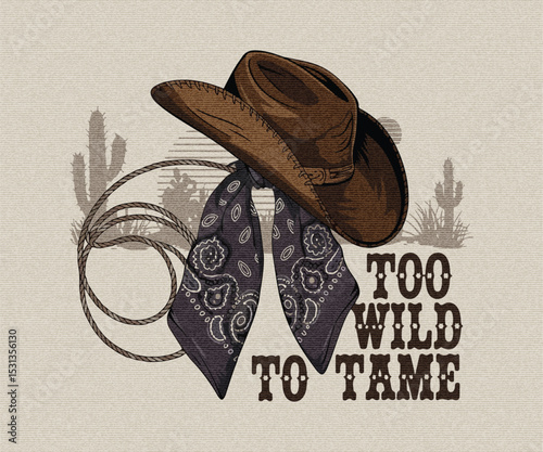 Too wild to tame. Cowboy Western Hand Drawn Wild west Cowboy hat, .Leather western hat .Western cowboy Hat vector design, wild west artwork fort t shirt, sticker, poster, graphic print.