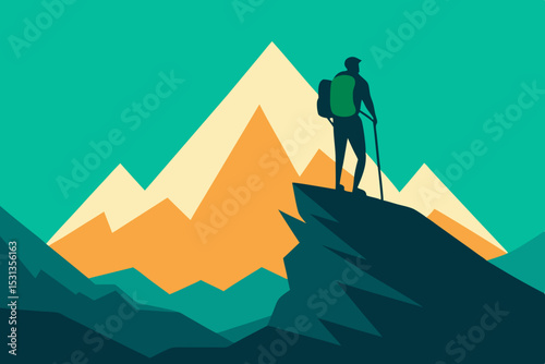 Hiker on mountain peak with backpack and trekking pole