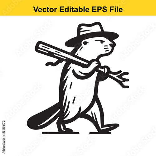 A cartoon beaver wearing a hat carries a baseball bat and a pitchfork