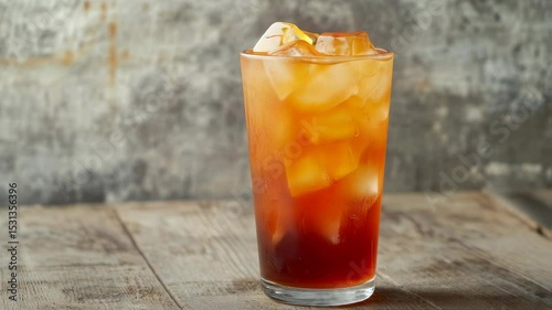 Refreshing iced tea pouring into a tall glass on rustic wooden surface