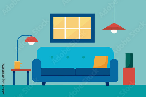 Modern living room interior design with blue sofa