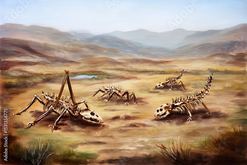 Skeletal creatures roam parched landscape painting