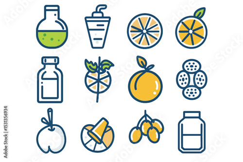 Healthy smoothie drink, juice in jar icons set 