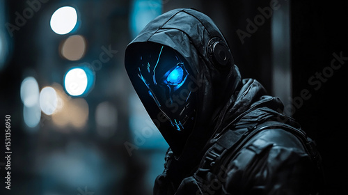 Cyberpunk Vision: A hooded figure stands in a dimly lit urban environment, their face obscured by a futuristic mask with glowing eyes. A futuristic character in dark attire and mysterious aura.