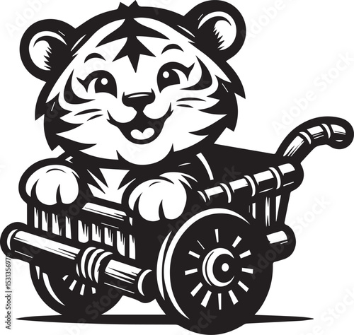 Adorable Tiger Cub in a Wooden Cart Black and White Illustration perfect for logos, branding, children's books, and whimsical designs