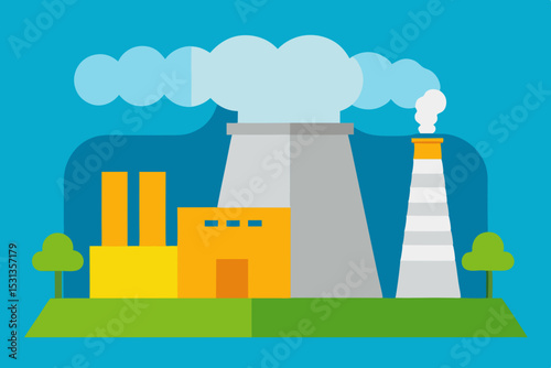 Industrial power plant with smoke stacks and cooling towers