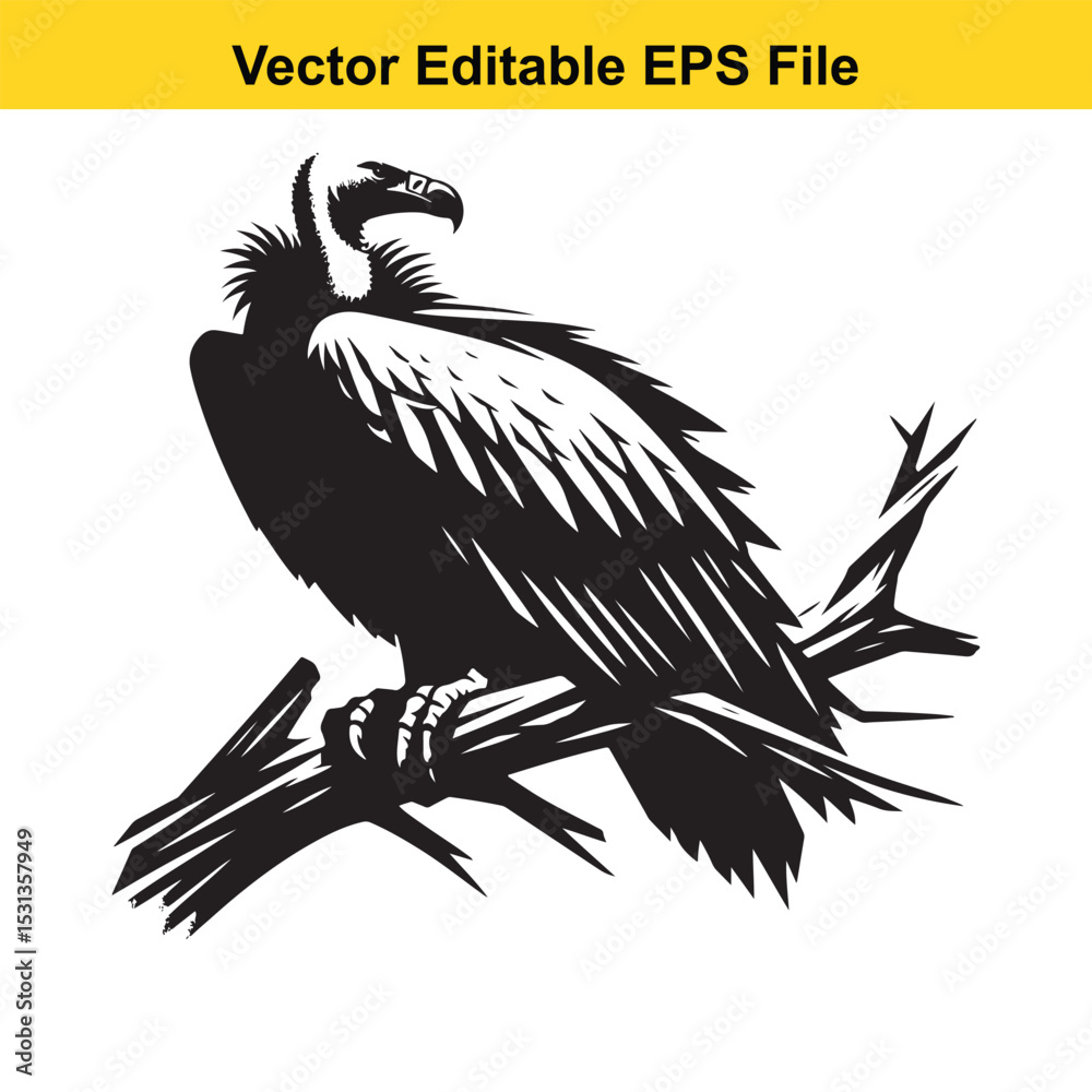 Fototapeta premium Majestic Vulture Perched on a Branch: A Black and White Vector Illustration