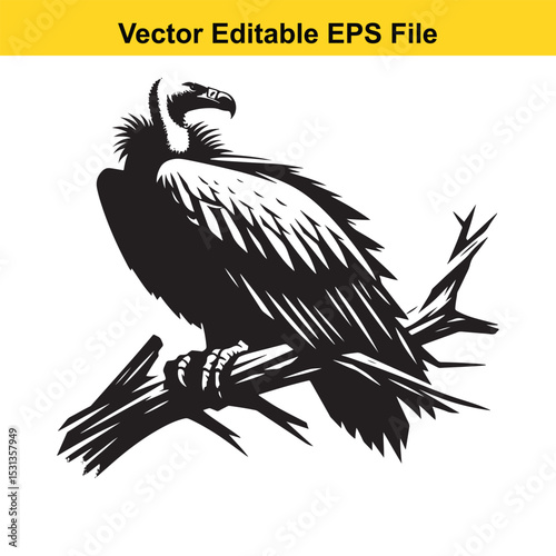 Majestic Vulture Perched on a Branch: A Black and White Vector Illustration