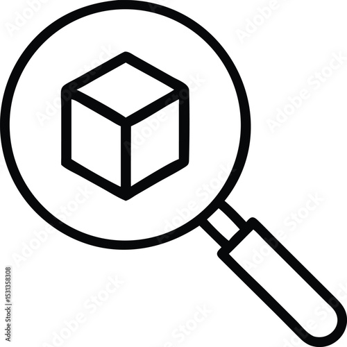 Outlined magnifying glass hovering over a small blockchain cube, symbolizing auditability