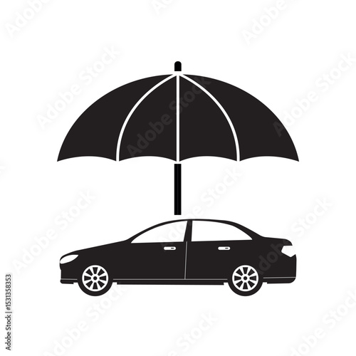 Car insurance, monochrome icon, logo or sign, concept. Umbrella protects automobile. Insurance policy. Car assurance, umbrella above modern auto.