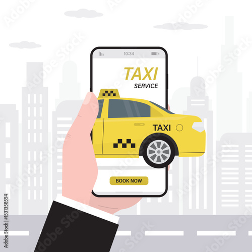 Male customer uses mobile phone for ordering taxi, online app. smartphone user interface with transportation service. Yellow cab, passenger vehicle,