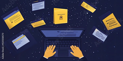 Overhead view of a laptop with numerous documents floating around it.  A person's hands are on the keyboard