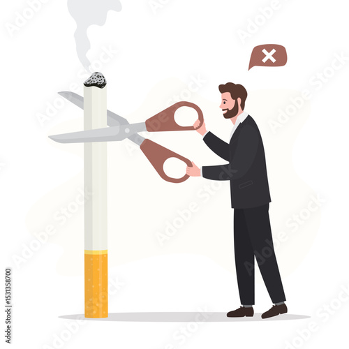Smoker uses scissors and cutting giant cigarette, refusal smoking. Customer rejecting tobacco offered. Stop bad addiction and unhealthy habit. Quit smoking, healthy lifestyle.