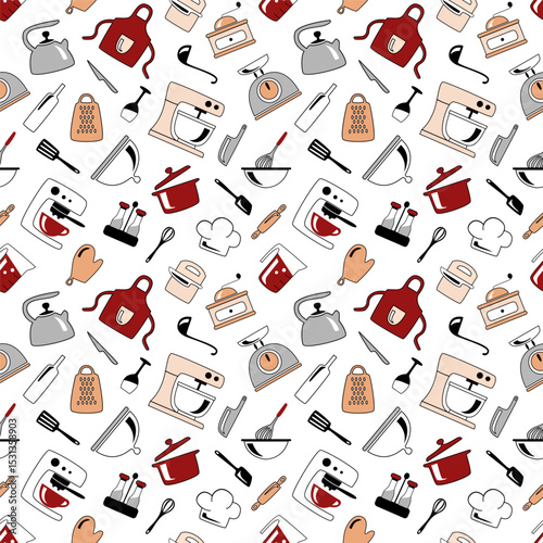 Kitchenware color seamless Pattern. Hand Drawn kitchen tools. Kitchen utensils and appliances for poster, fabric, packaging, menu, background, print. Cooking clipart. Vector illustration