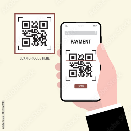 E-commerce, cashless shopping. Electronic payment, QR verification, Person holding mobile phone with QR sign. User scans QR code with phone for payment. Barcode icon.