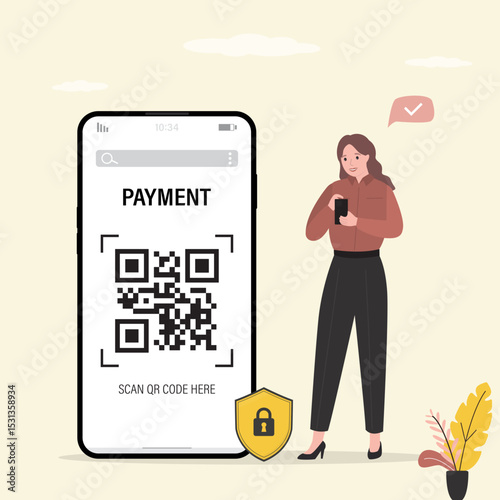 Scan QR code to pay with mobile phone. Smartphone scanning QR-code. Barcode verification. Female user with cellphone. This design can be used for websites, UI, posters