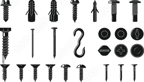 A black and white illustration of a screw with a flat head and a pointed tip on a white background