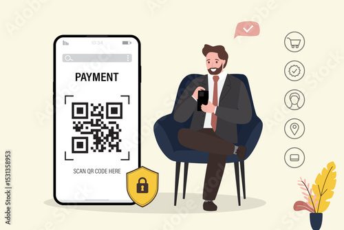 Scan QR code to pay with mobile phone. Smartphone scanning QR-code. Barcode verification. Male user with cellphone.