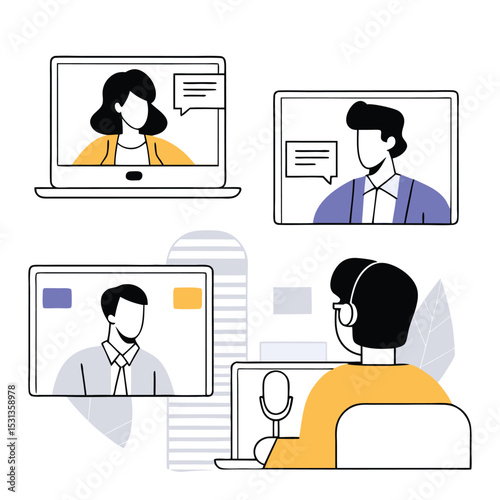 An online video interview, a team meeting, e-learning training, a job interview, a talk with a colleague, a conference call, or a businessman talking on a laptop computer online