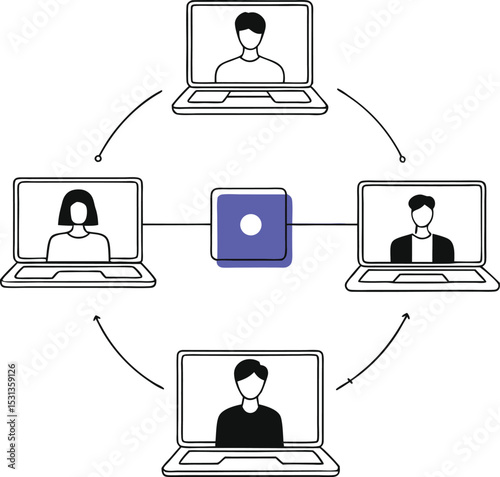 An online video interview, a team meeting, e-learning training, a job interview, a talk with a colleague, a conference call, or a businessman talking on a laptop computer online