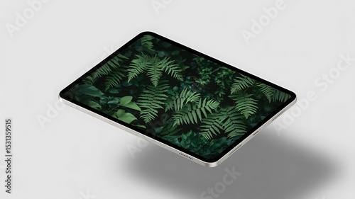 Silver Tablet Displaying Lush Green Fern and Foliage Wallpaper Dark Background Vibrant Emerald Tones Natural Botanical Theme Device Mockup