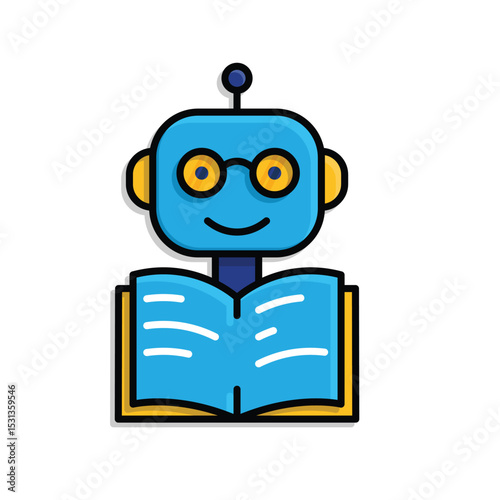 education icon. AI Tutor or Smart Assistant. Cute robot with glasses and open book icon. smart, learning, clever. isometric design style