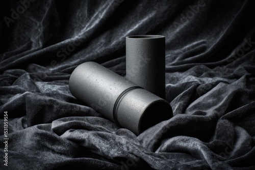 Two gray cylindrical tubes on dark gray velvet